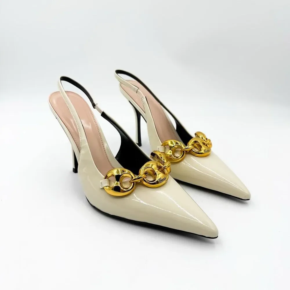 Gucci Marina Chain Slingback Pointed Toe Patent Leather Heels EU 42 US 12 - Picture 2 of 12